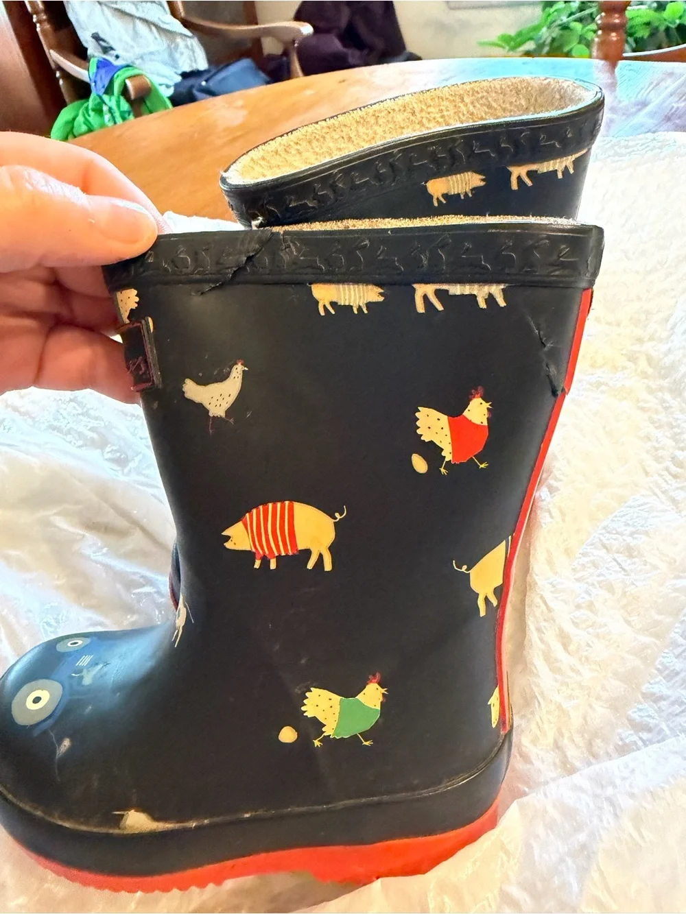 Joules Navy Blue Kids Farm Animal Rain Boots with Red Soles